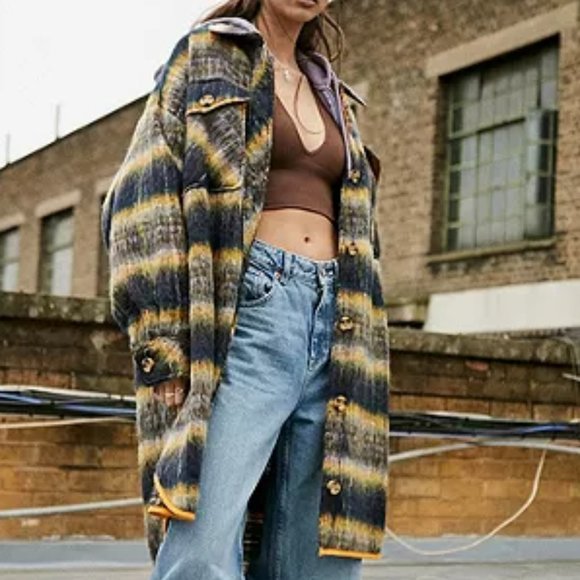 URBAN OUTFITTERS UO Emelie Plaid Longline Shirt Jacket Yellow Blue Gray XS - Picture 2 of 16